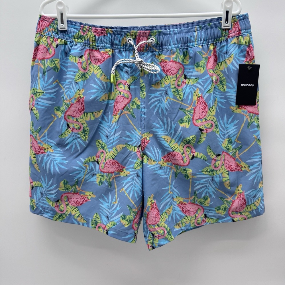 BONOBOS Mens Swim Trunks Flamingo Sz L Light Blue Beach Pool Shorts 7"inseam